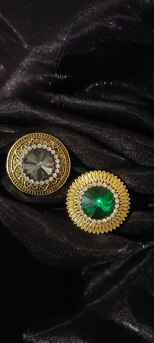 Golden-Toned Green - Black stone-studded adjustable finger rings combo