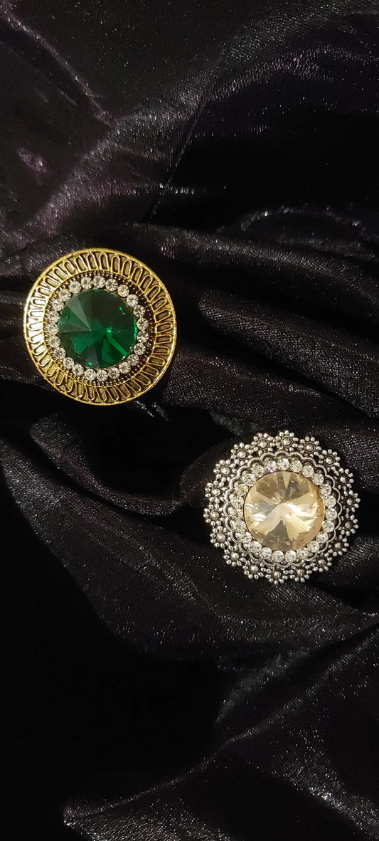 Golden-Toned Green - Yellow stone-studded adjustable finger rings combo