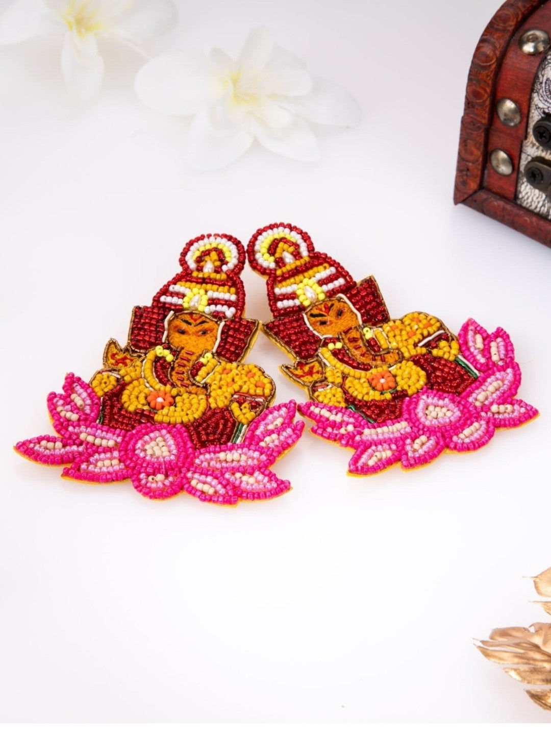 Ganpati Lotus Orange Beaded Earrings