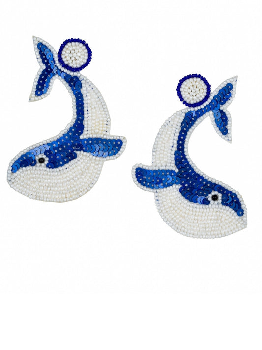 Dolphin White And Blue Beaded Earrings