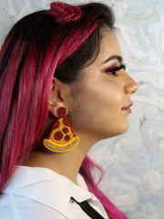 Pizza Date Yellow And Maroon Beaded Earrings