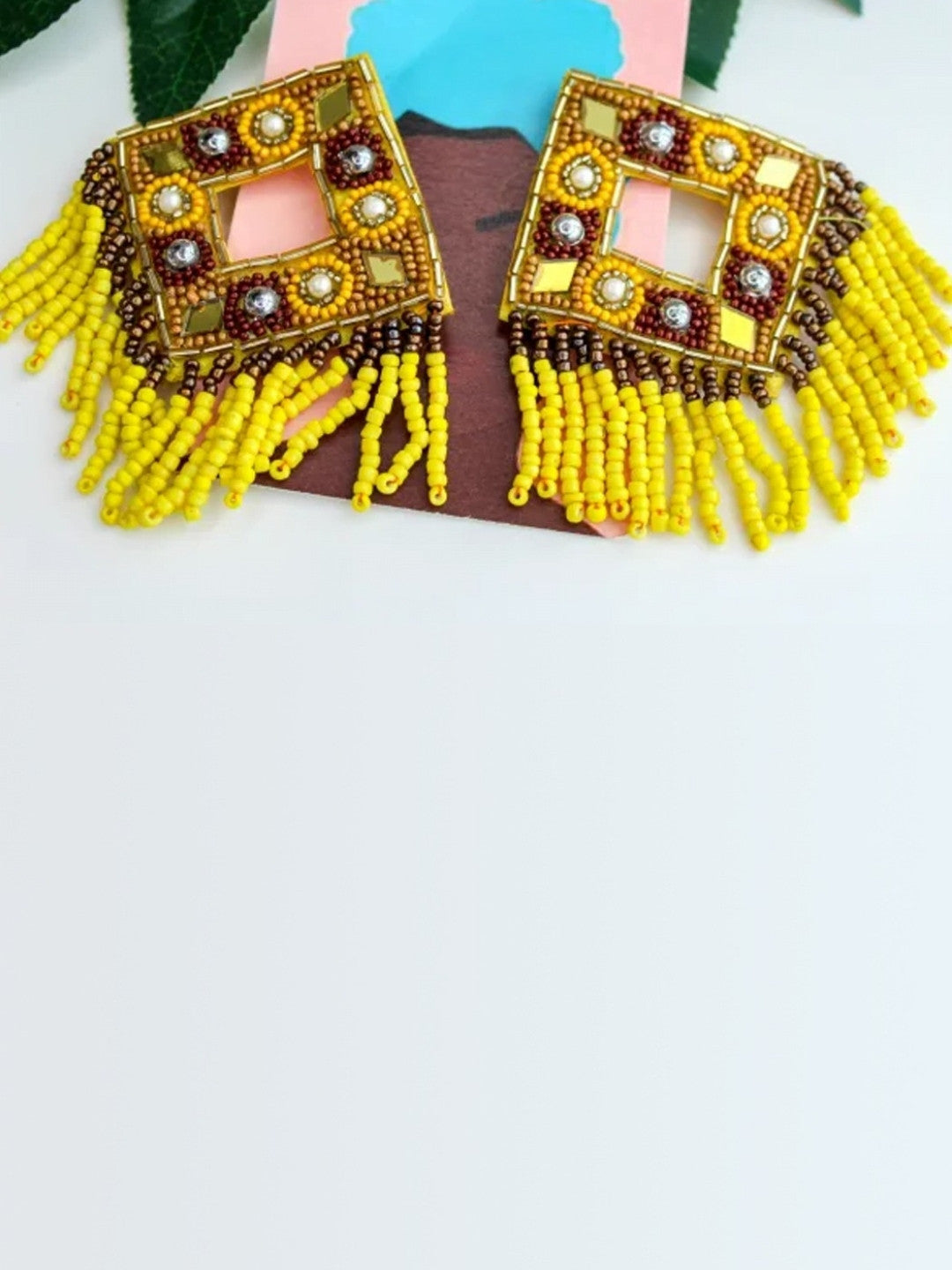 Saanjh Yellow And Brown Beaded Earrings