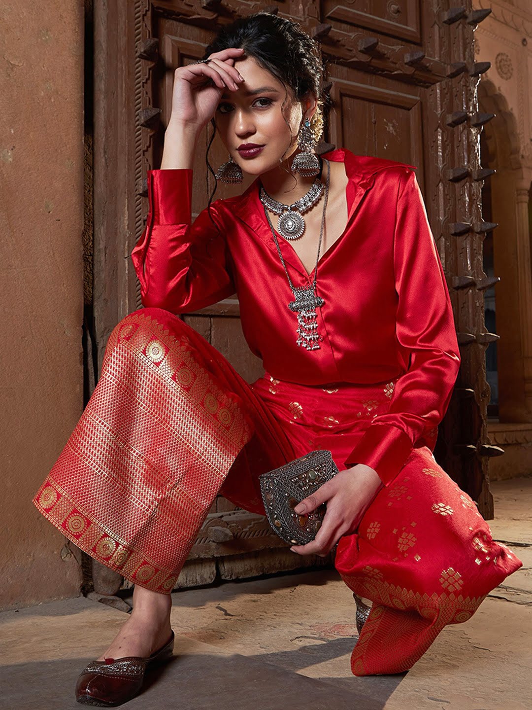 Women Satin Shirt With Self Design Brocade Palazzo