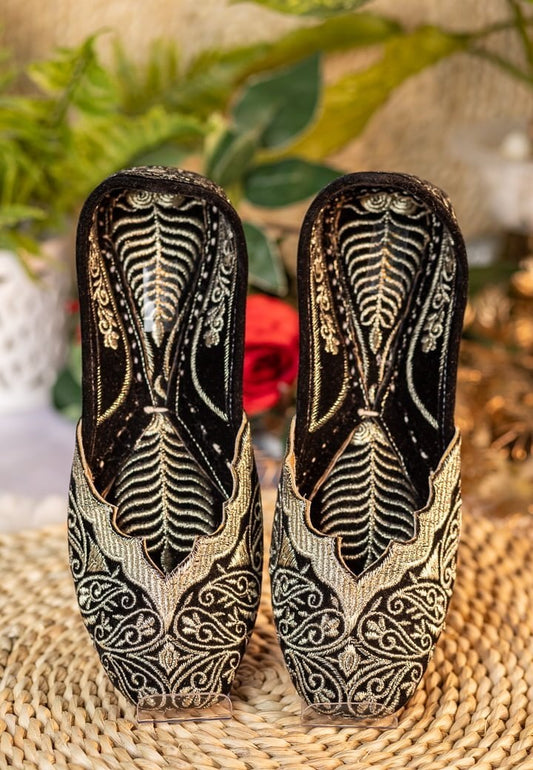 Women Black and Gold Embellished Mojaris