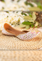 Women White Base Gold and Pink Floral Mojaris