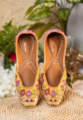 Women Yellow and Pink Embellished Mojaris