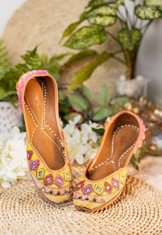 Women Yellow and Pink Embellished Mojaris