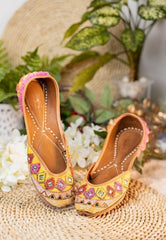 Women Yellow and Pink Embellished Mojaris