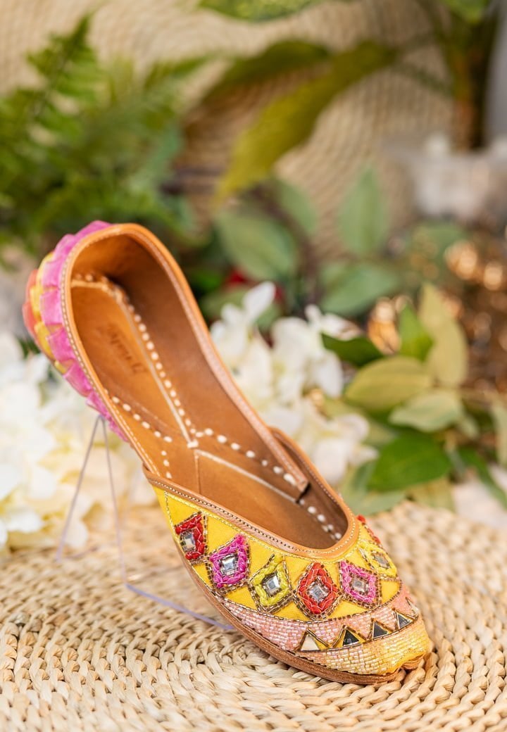 Women Yellow and Pink Embellished Mojaris