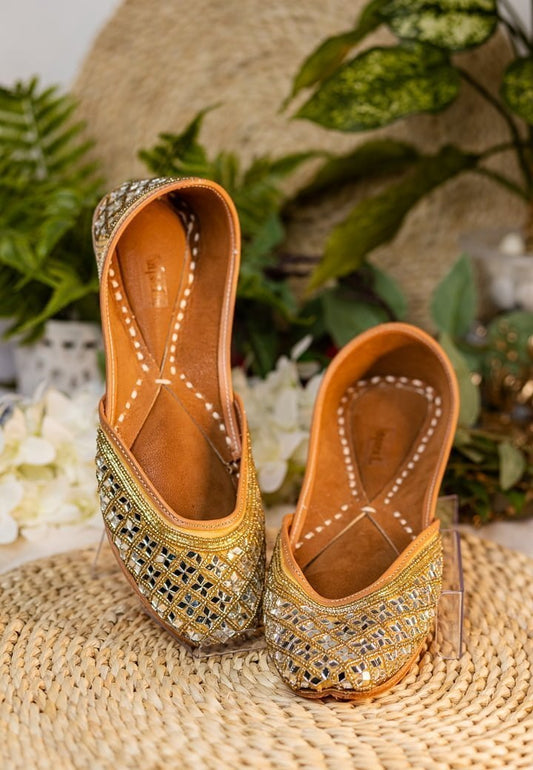 Women Gold Mirror Embellished Mojaris.