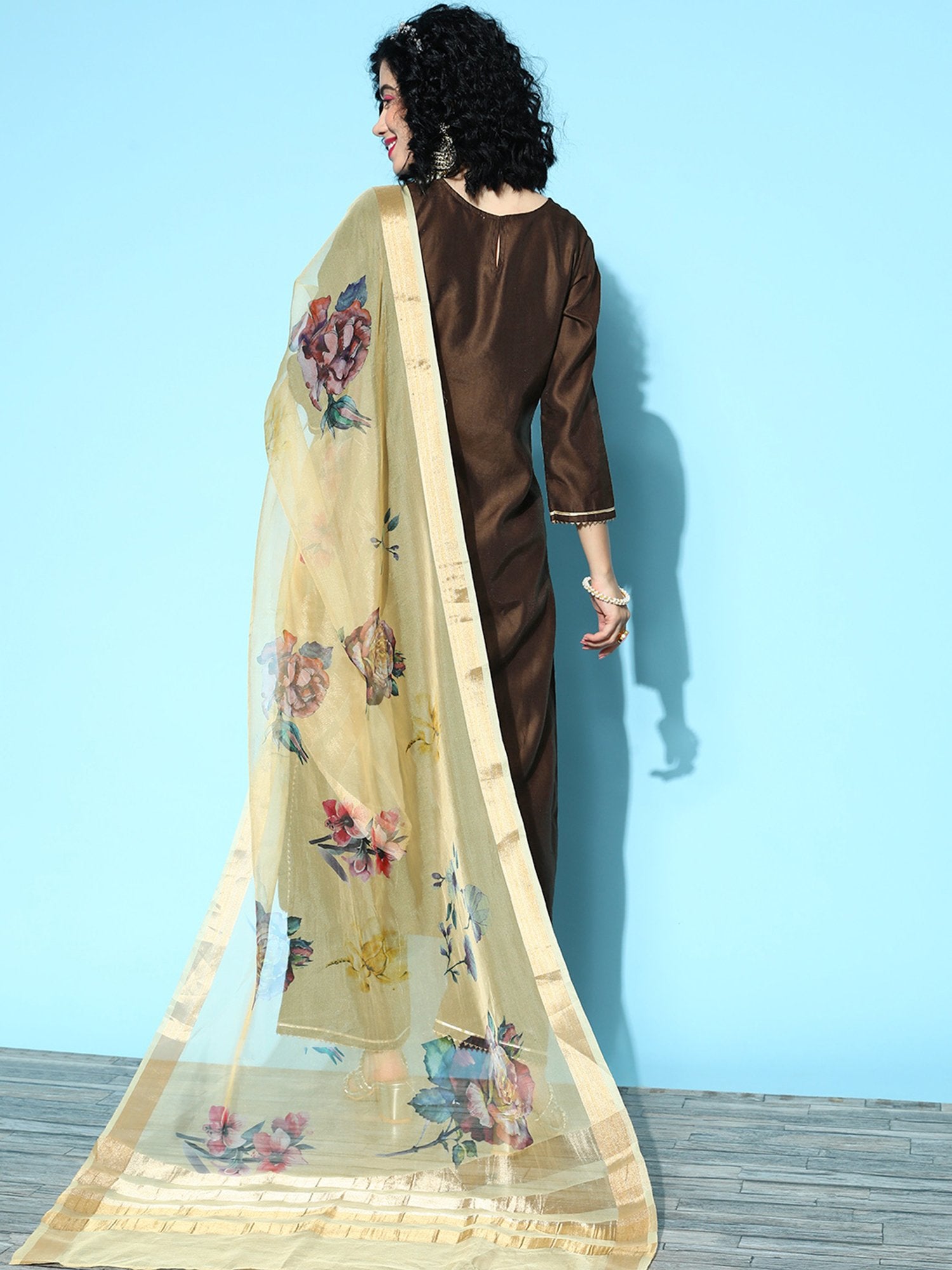 Indo Era Brown Embroidered Straight Kurta Palazzos With Dupatta Set