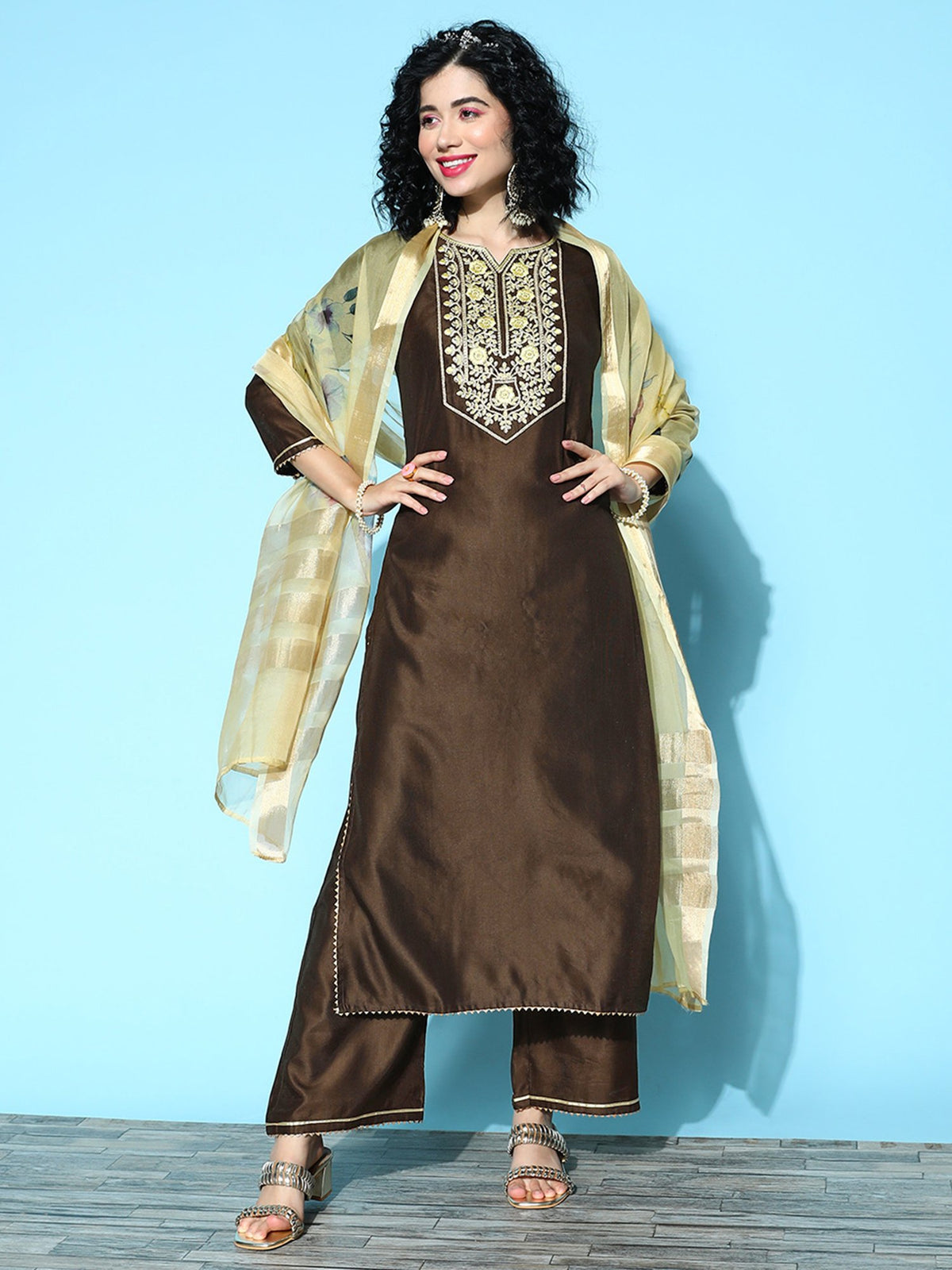 Indo Era Brown Embroidered Straight Kurta Palazzos With Dupatta Set