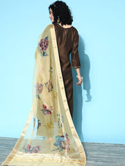 Indo Era Brown Embroidered Straight Kurta Palazzos With Dupatta Set