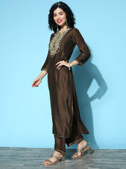 Indo Era Brown Embroidered Straight Kurta Palazzos With Dupatta Set