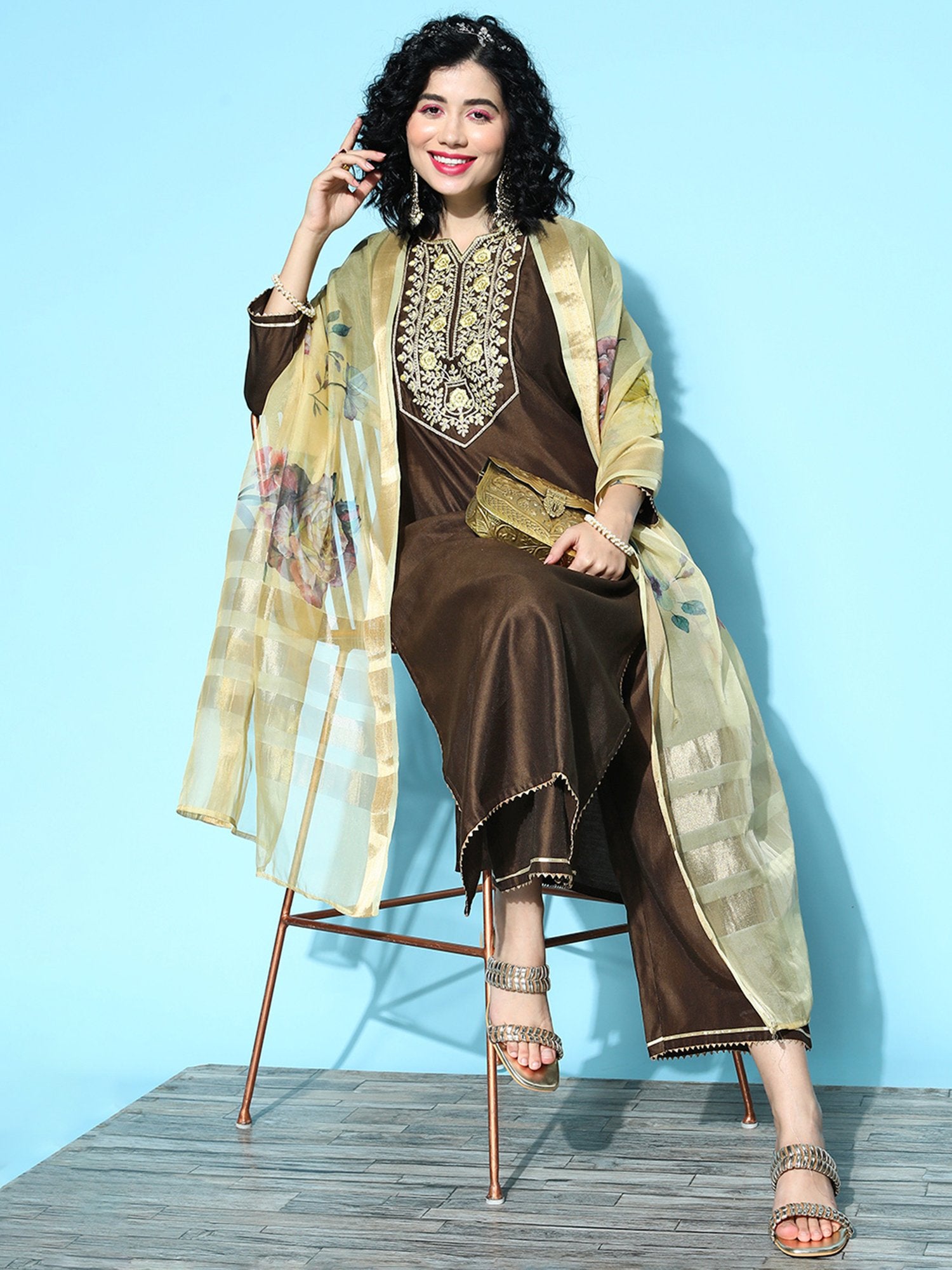 Indo Era Brown Embroidered Straight Kurta Palazzos With Dupatta Set