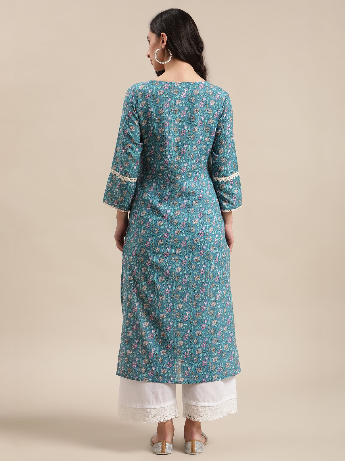 Blue Floral Printed Lace Embellished Kurta With 3/4Th Sleeves.