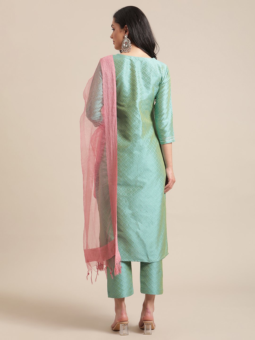 Sea Green Floral Embroidery Kurta Set With Bhaglpuri Silk Dupatta