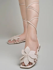 Shoetopia Stylish Trendy Casual Elegant Flower Embellished Cream Flats With Tie-up Style For Women & Girls