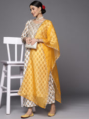 Indo Era Off White Embroidered Straight Palazzos With Dupatta Set