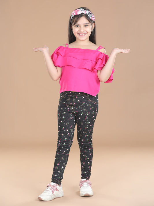 Girls Cotton Floral Printed Jegging and Pink Top Set