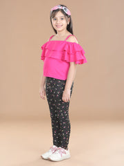 Girls Cotton Floral Printed Jegging and Pink Top Set