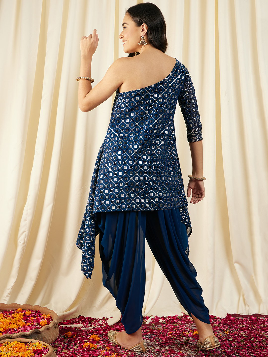 One Shoulder Assymettric Top with Dhoti Pants