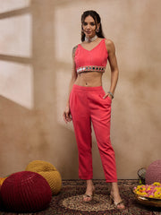 Jacket with crop top and pants in Coral Color