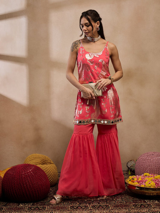 Kurta With Sharara in Coral Color