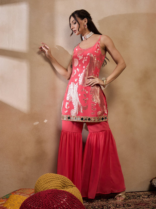 Kurta With Sharara in Coral Color