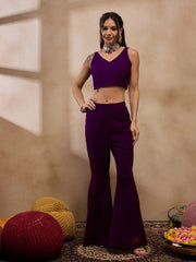 crop top with bell bottom pants and jacket in Purple Color