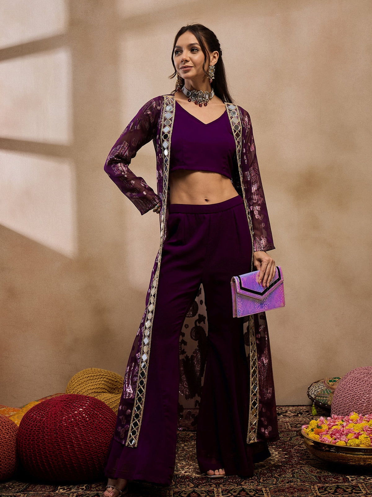 crop top with bell bottom pants and jacket in Purple Color