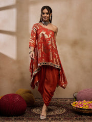 One Shoulder Assymettric Top with Dhoti in Rust Color