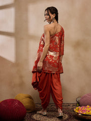 One Shoulder Assymettric Top with Dhoti in Rust Color