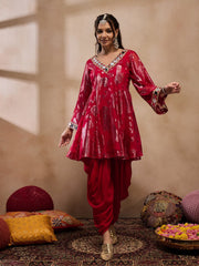 Flare kurta with dhoti pants in Red Color