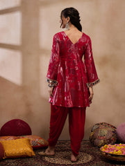 Flare kurta with dhoti pants in Red Color