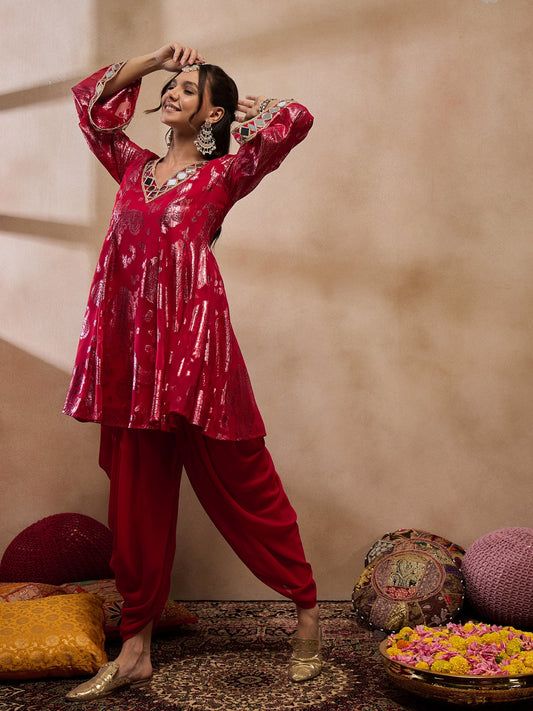 Flare kurta with dhoti pants in Red Color