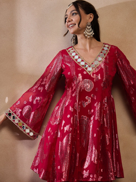 Flare kurta with dhoti pants in Red Color