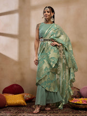 Pre-Draped Sarree with Blouse in Sea Green Color