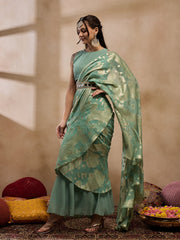 Pre-Draped Sarree with Blouse in Sea Green Color