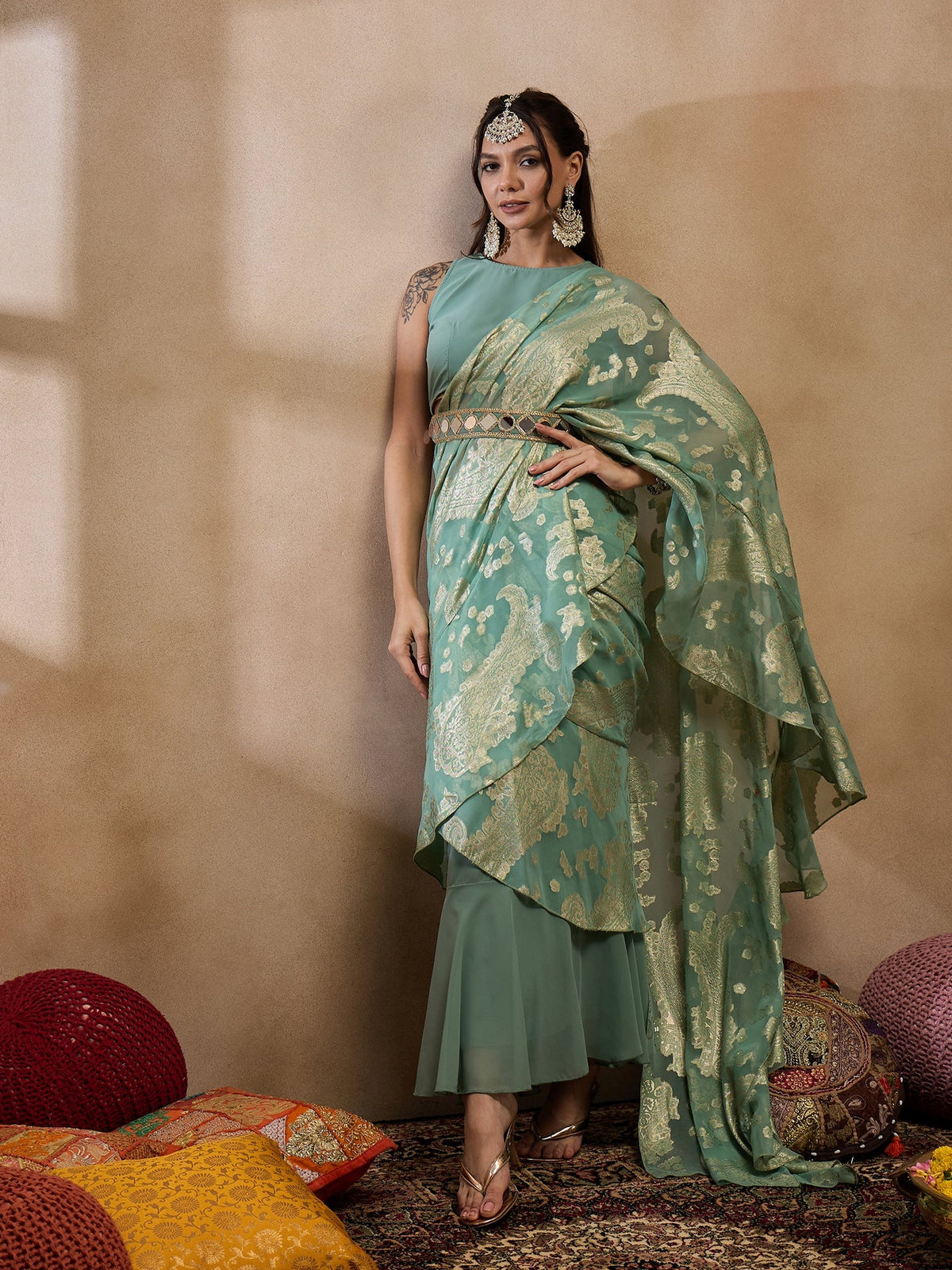 Pre-Draped Sarree with Blouse in Sea Green Color