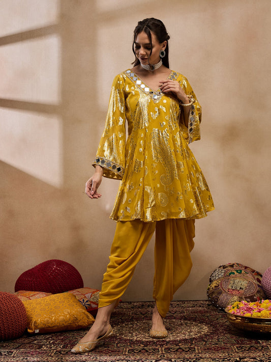 Flare kurta with dhoti pants in Yellow Color