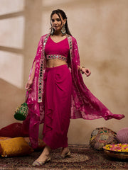 Crop Top with Draped Skirt And Cape in Pink Color