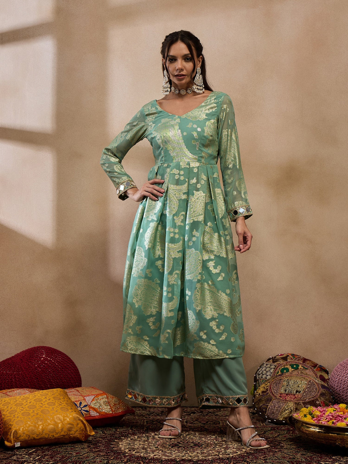 Box Pleat flare kurta with palazzo in Sea Green Color