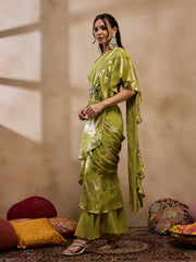 Pre-Draped Sarree with Blouse in Olive Color