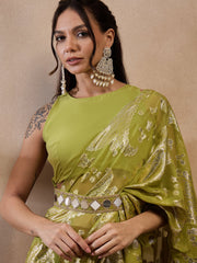 Pre-Draped Sarree with Blouse in Olive Color