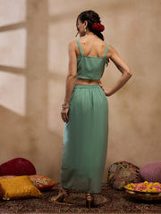 Crop Top with Draped Skirt And Cape in Sea Green Color