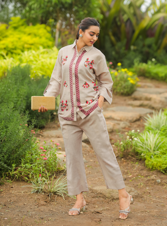 Elephant Embroidery Linen Co-Ord Set