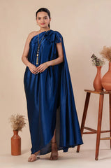 Women Stylist Teal Blue One Shoulder Pleated And Drape Style Satin Gown