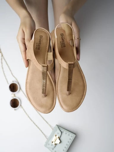 Womens & Girls Beige Embellished T-Strap Flats