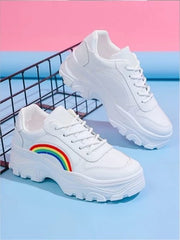 Minimalist Rainbow Style White Sneakers For Women & Girls